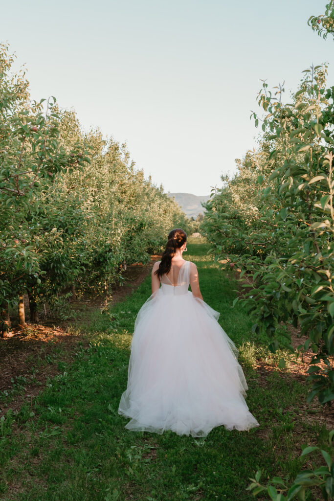 Bride running through the Orchard in Hood River