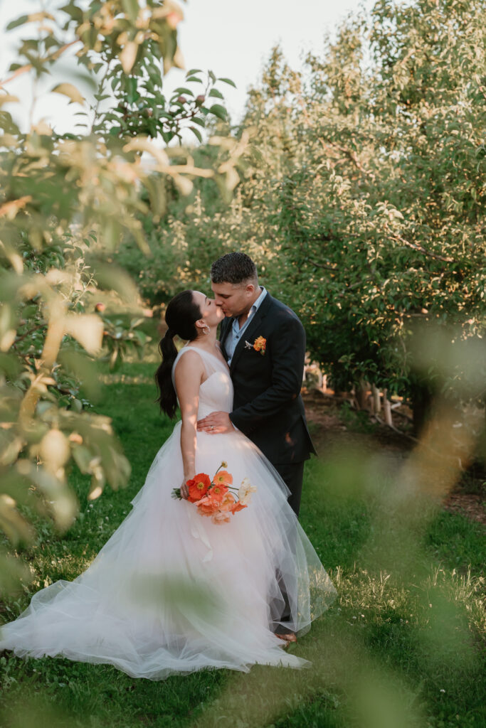 sunset portraits bride and groom at the Orchard in hood river