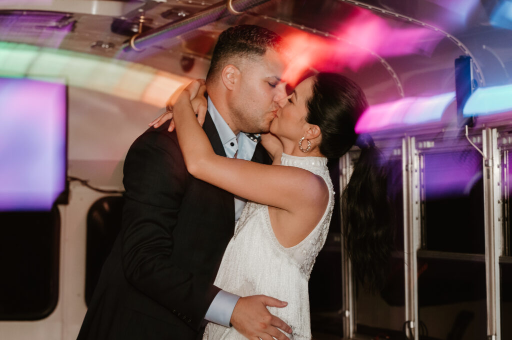 bride and grooms grand exit with party bus for their wedding in hood river oregon 