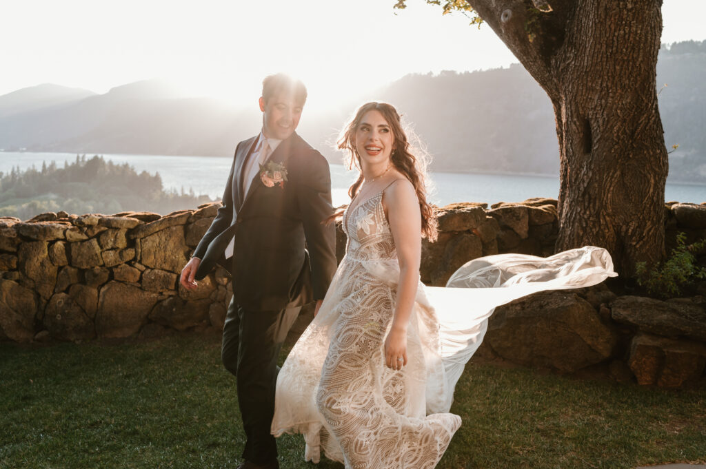 brides dress blowing in the wind 