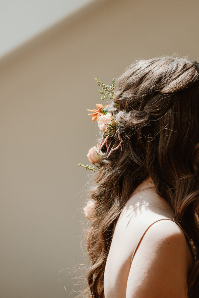 flowers in brides hair 