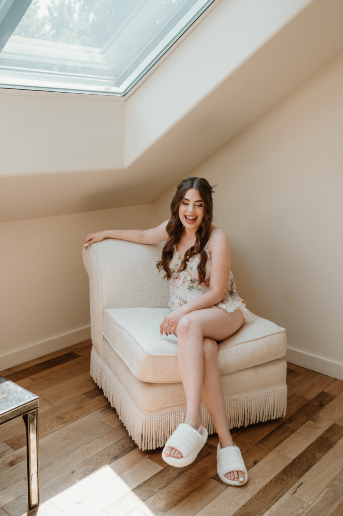 bride in cute getting ready outfit 