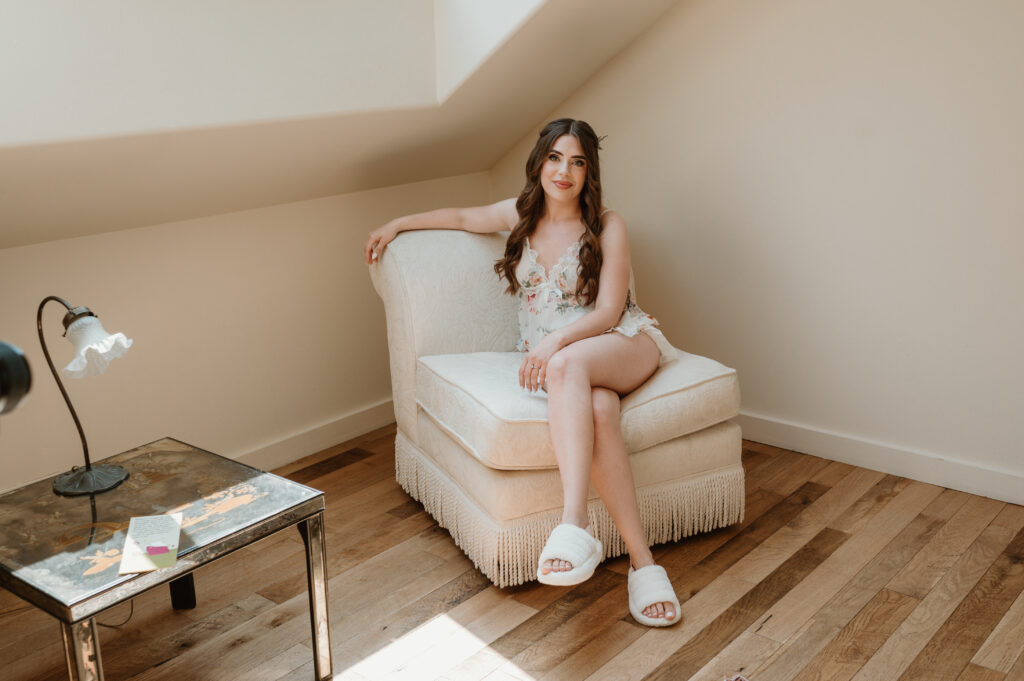 bride in getting ready outfit 