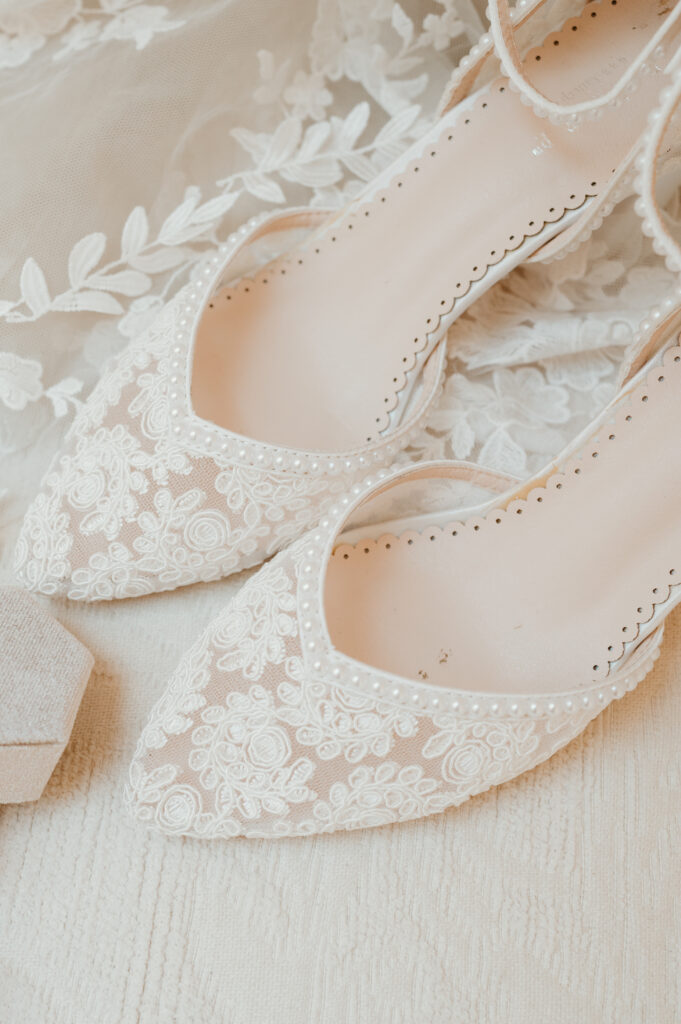 bridal shoes with lace and pearls