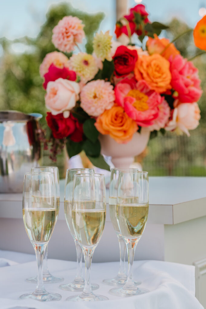 champagne and flowers at the orchard in hood river 