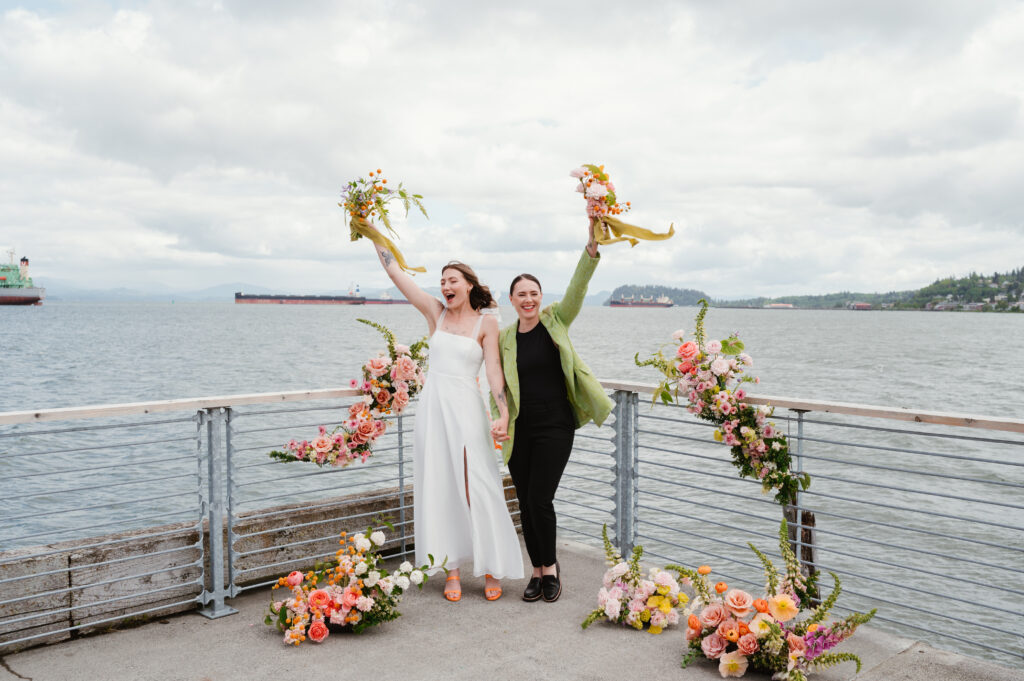 brides celebrating after wedding ceremony