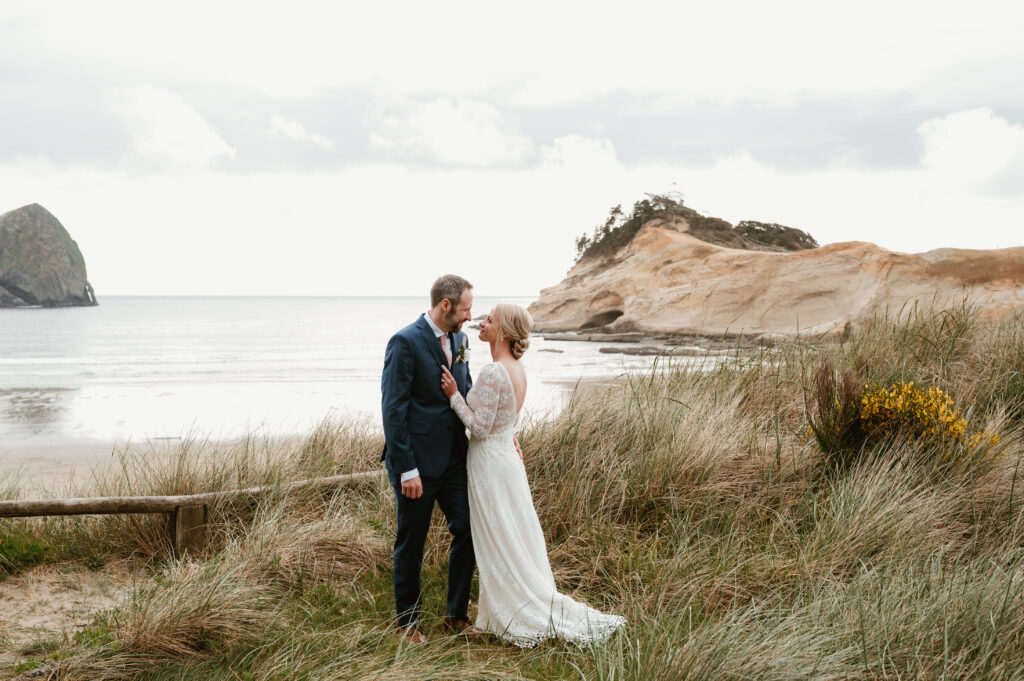 Portrait of bride and groom during their intimate oregon coast wedding 